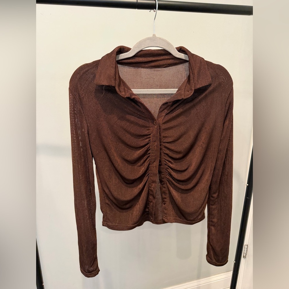 Brown Ruched Long Sleeve Top